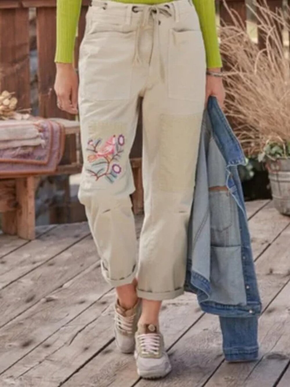 Sundance Catalog Ariel Cargo Pants Stone Sz 16 Embroidered Bird